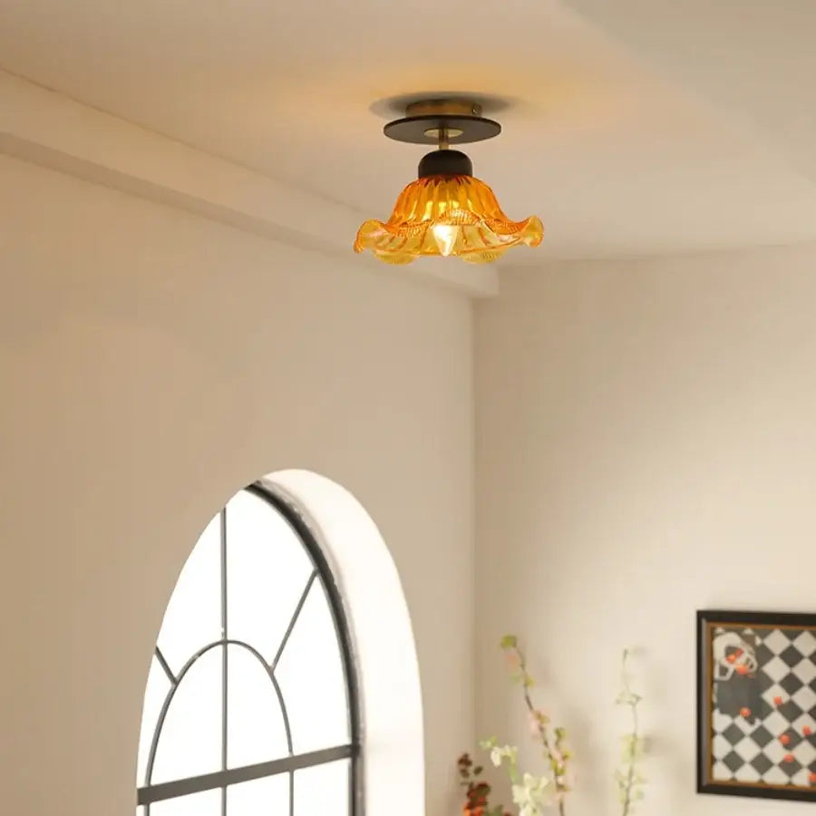 Amber Glass Petal Ceiling Lamp Brass