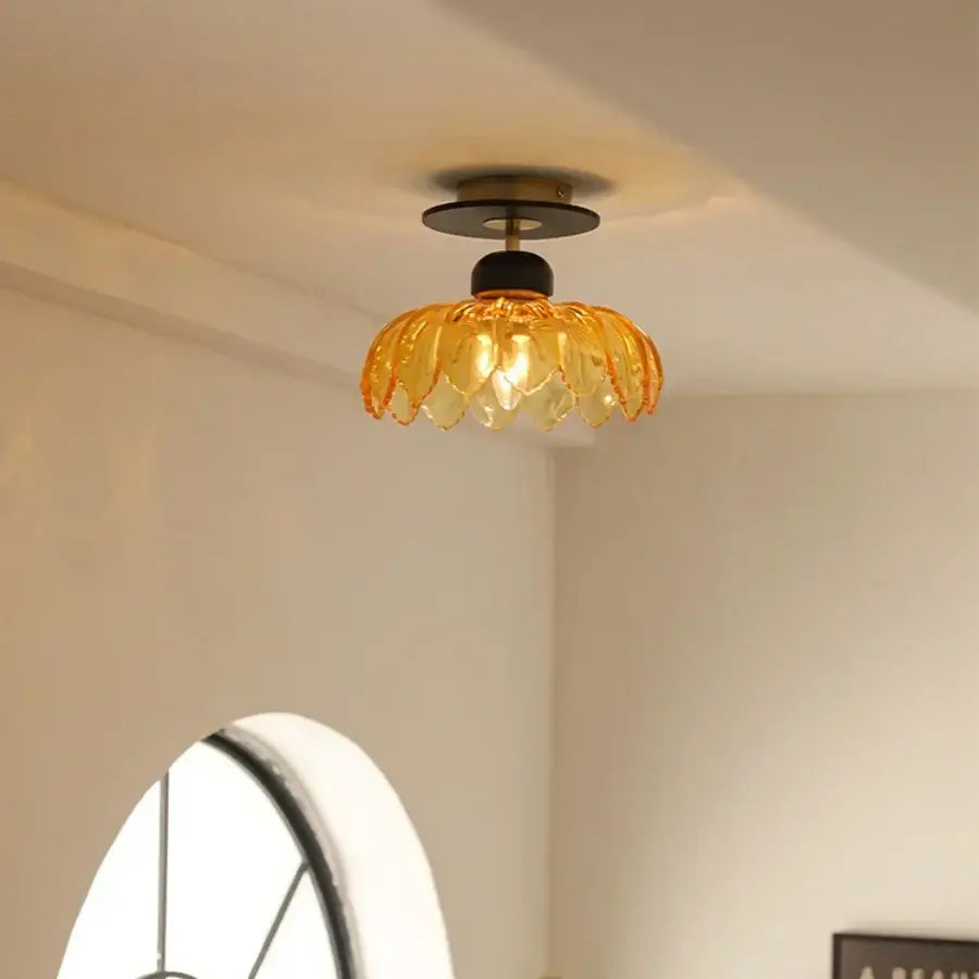 Amber Glass Petal Ceiling Lamp Brass