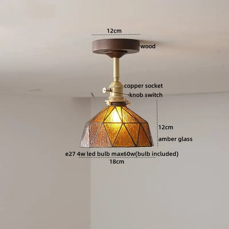 Amber Glass Wood Canopy Ceiling Light