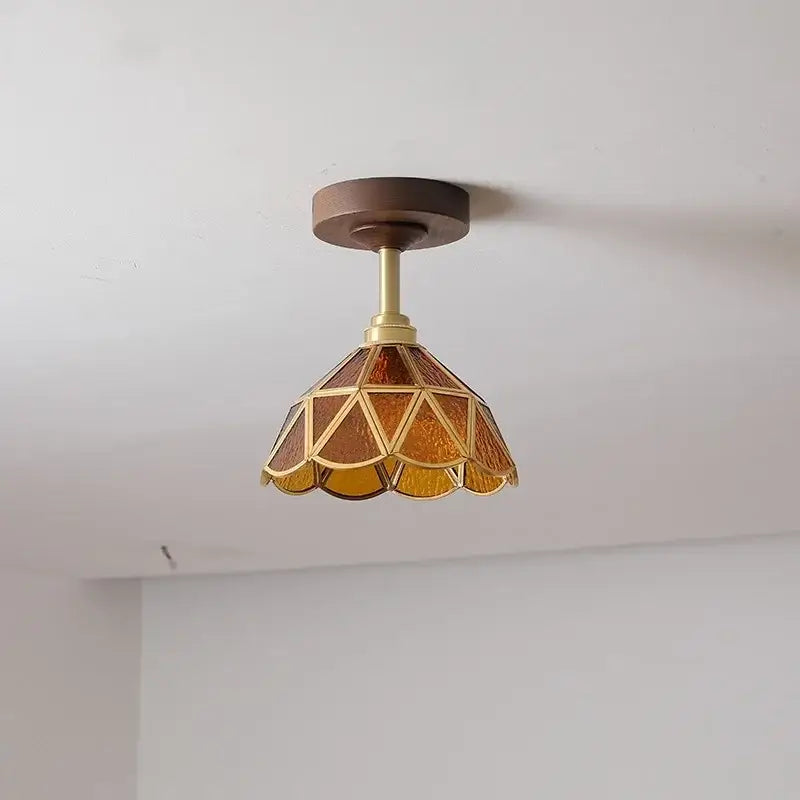 Amber Glass Wood Canopy Ceiling Light