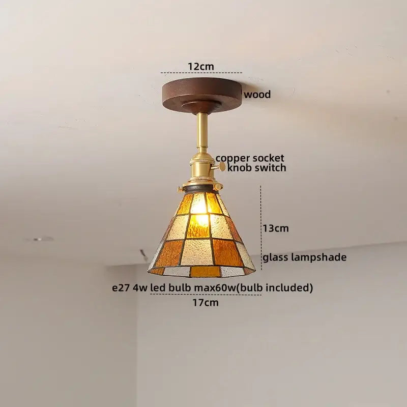 Amber Glass Wood Canopy Ceiling Light