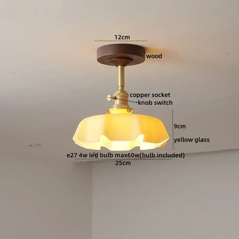 Amber Glass Wood Canopy Ceiling Light