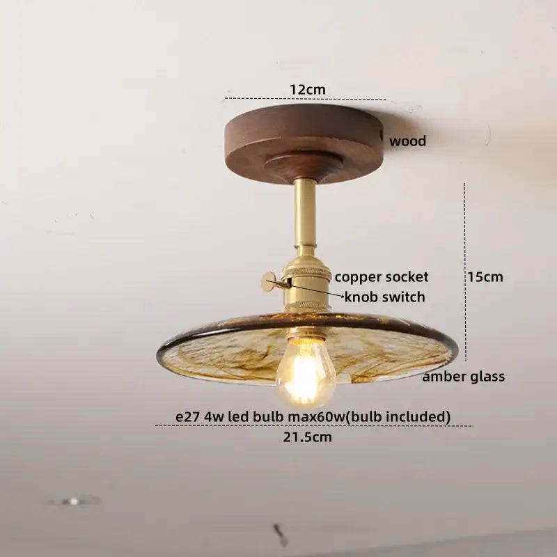 Amber Glass Wood Canopy Ceiling Light