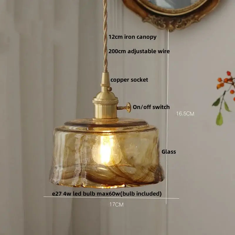 Amber Glass Pendant Lamp Adjustable Wire