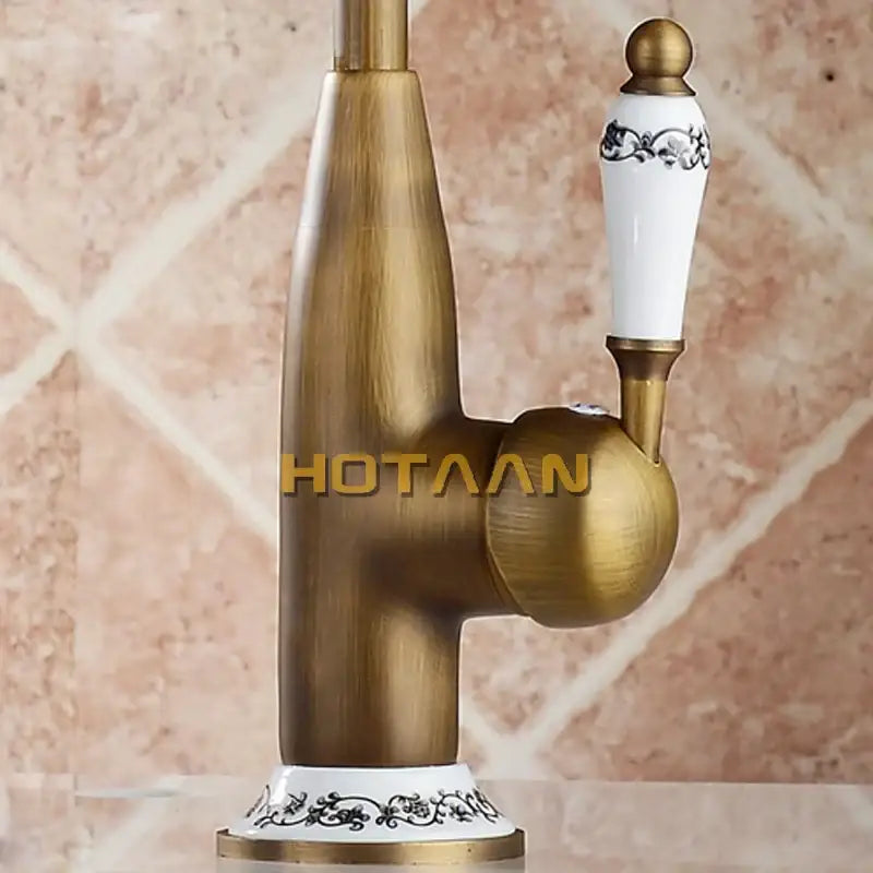 Brass Floral Ceramic Handle Kitchen Faucet
