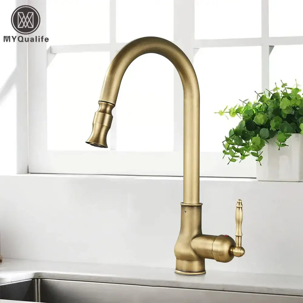 Antique Brass Sink Faucet Pull-Down