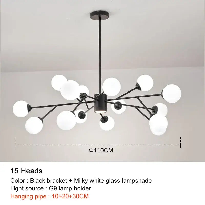 Black Glass Globe Chandelier 18-Head Gold