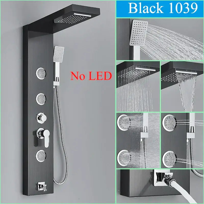 Black LED Shower Panel Brushed Gold Massage