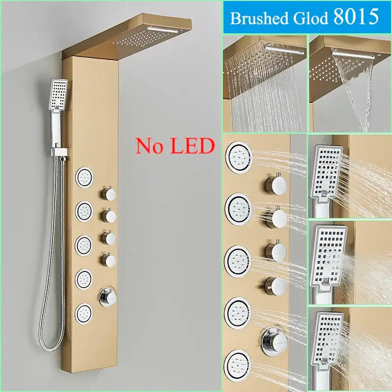 Black LED Shower Panel Brushed Gold Massage