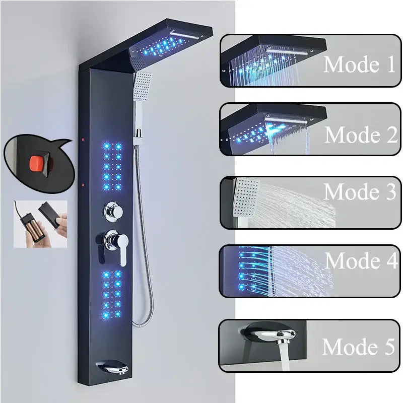 Black LED Shower Panel Brushed Gold Massage