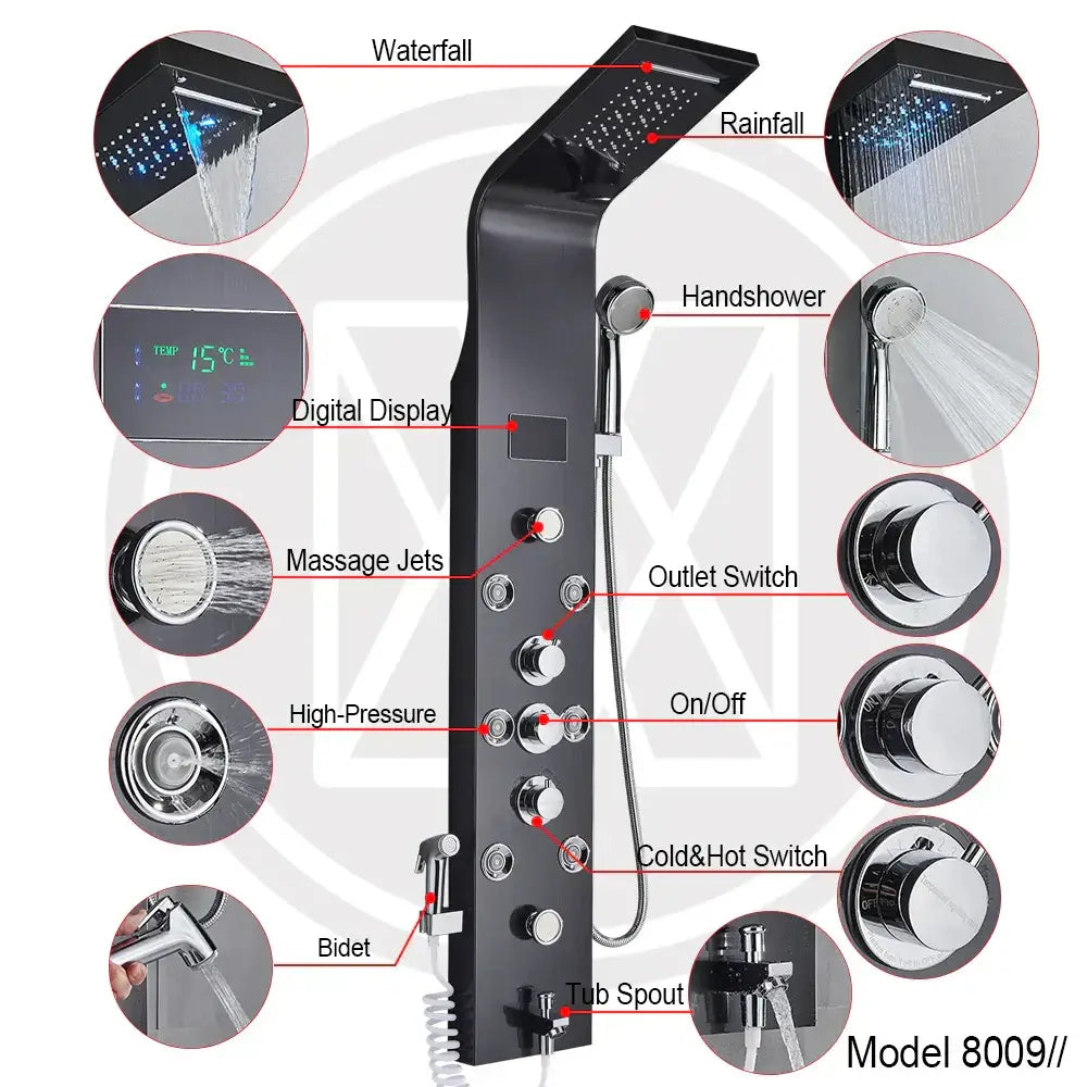 Black LED Shower System Rose Gold Massage