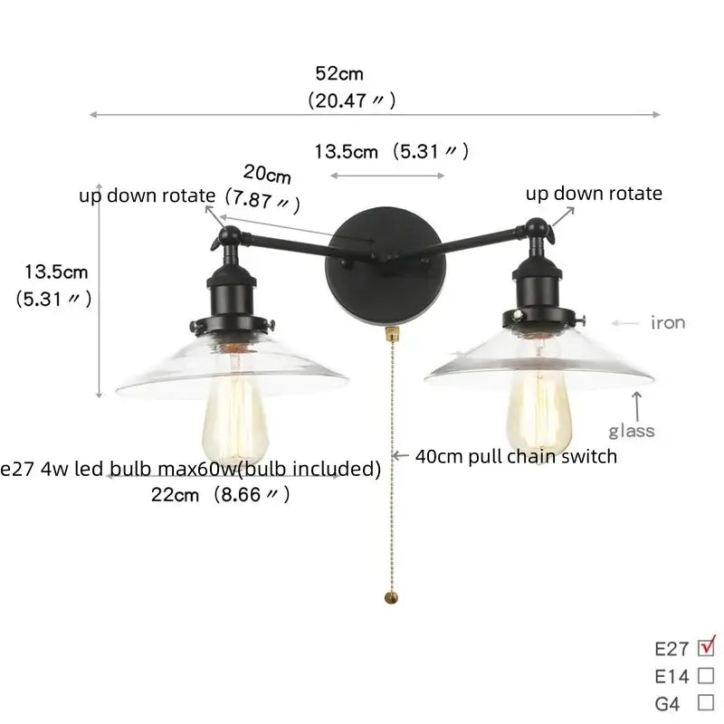 Black Glass Wall Sconce with Pull Chain