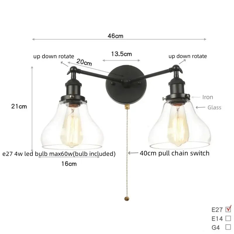 Black Glass Wall Sconce with Pull Chain