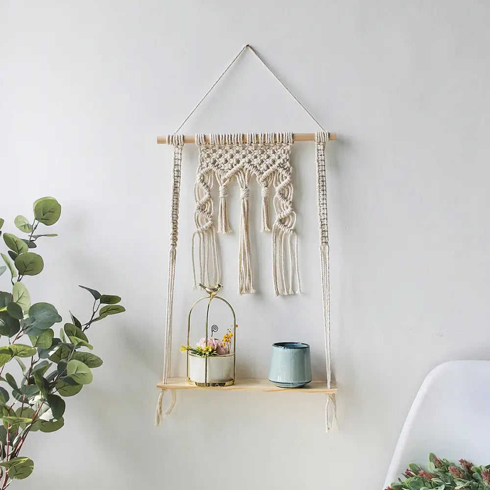 Beige Macrame Wood Shelf