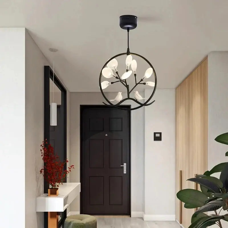 Black Gold Branch Chandelier with Bird Accents