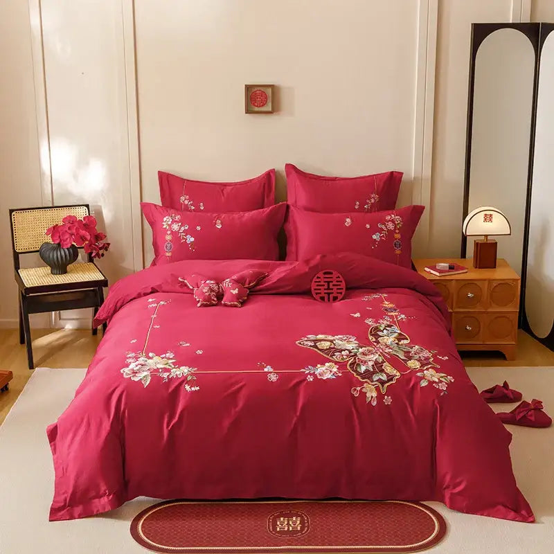 Red Embroidered Cotton Bedding
