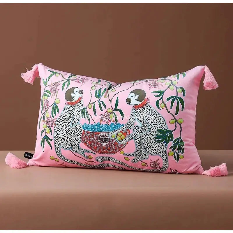 Pink Monkey Velvet Pillow