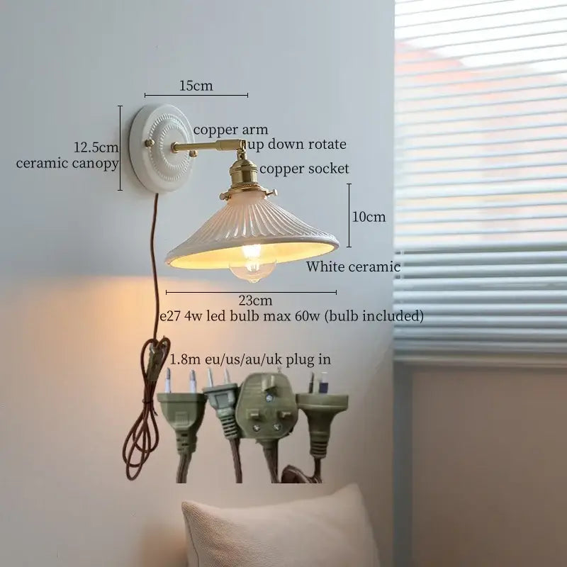 White and gold copper ceramic led wall lamp for living room