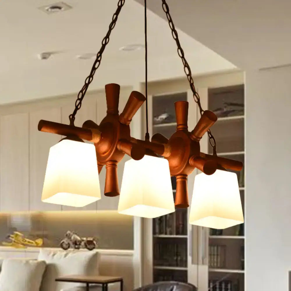 Wood Glass Pendant Light Three-Bulb Traditional