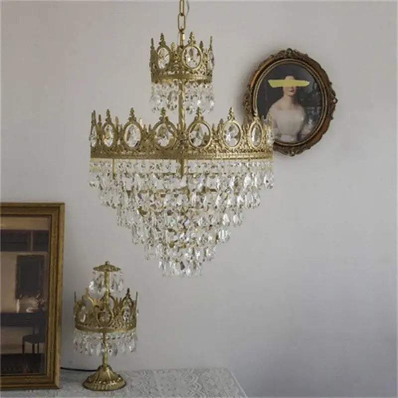 Gold Crystal Pendant Light with Crown-Shaped Design