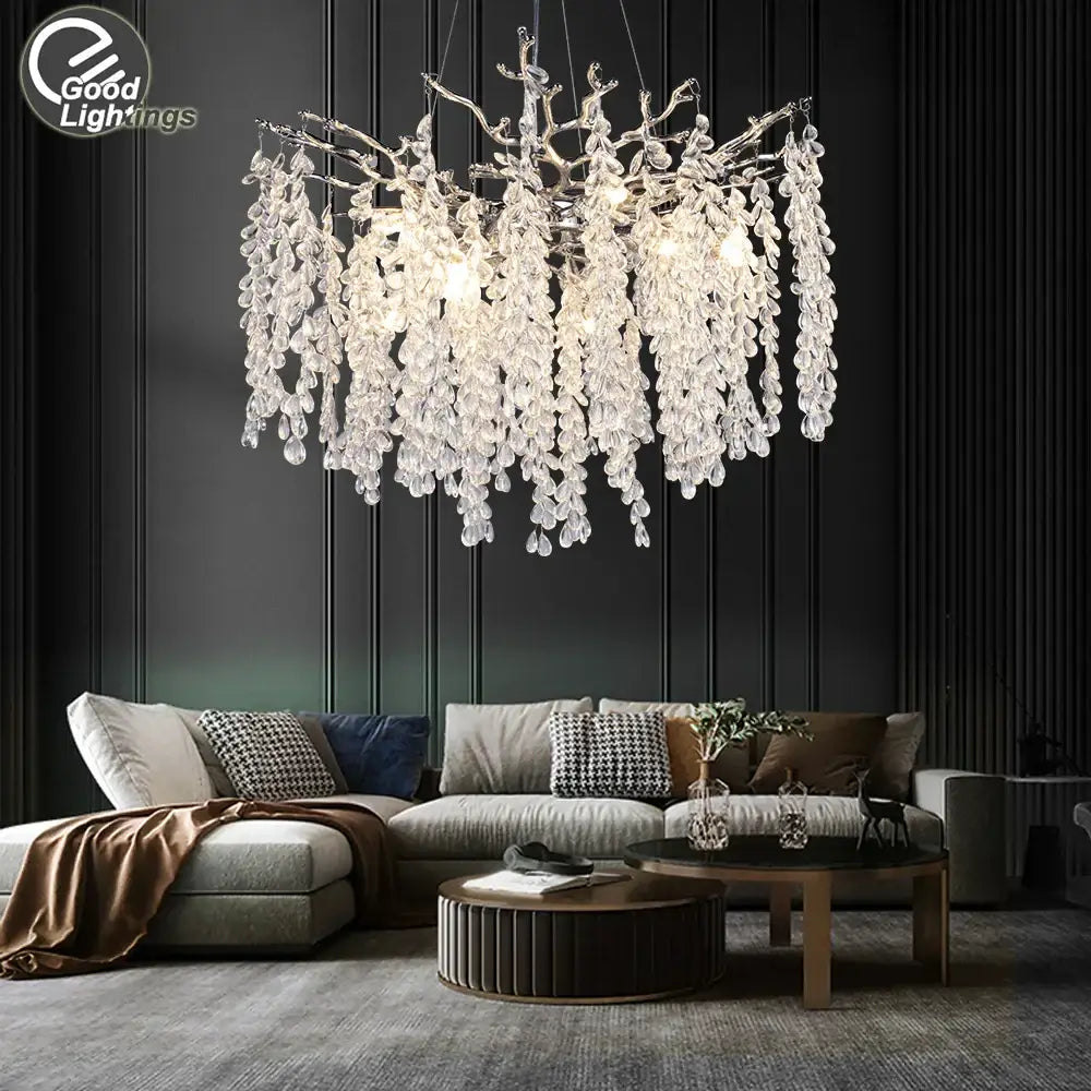 Silver Crystal Branch Pendant for Bedroom or Living Room