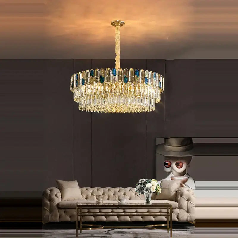 Gold Blue Crystal LED Chandelier For Living Room