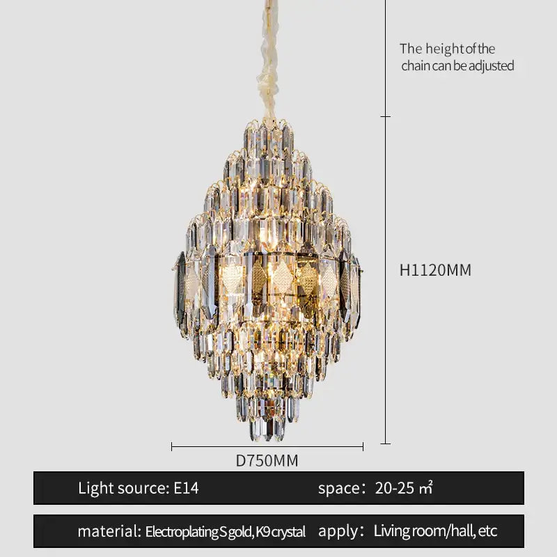 Gold Multi-Tier K9 Crystal Chandelier