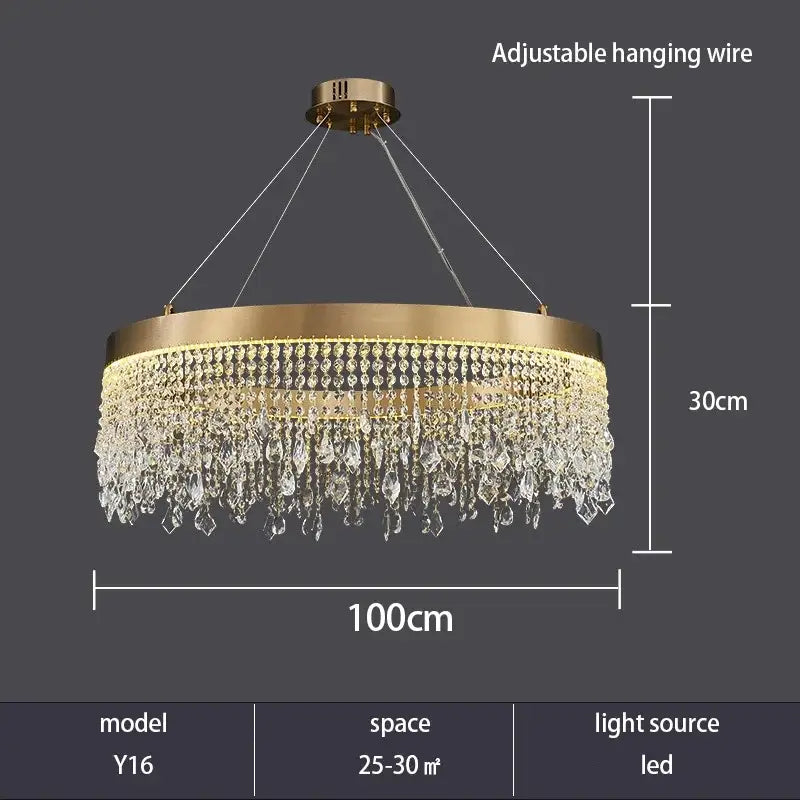 Gold Crystal Pendant Light 100cm Remote Dim