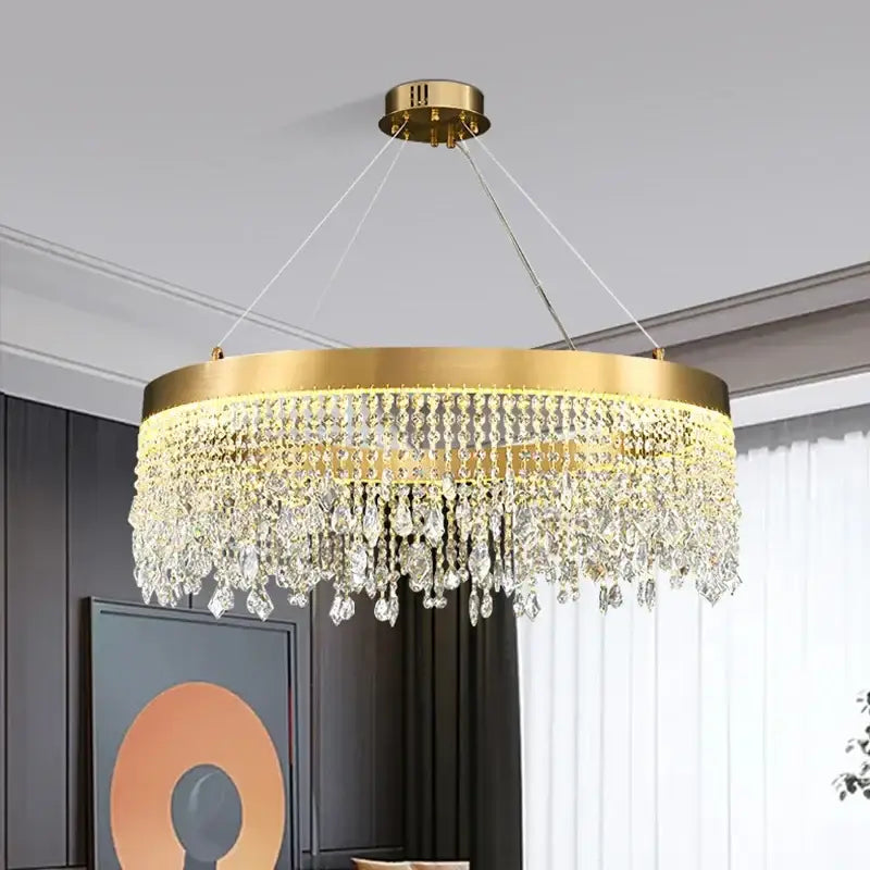 Gold Crystal Pendant Light 100cm Remote Dim