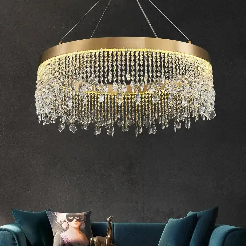 Gold Crystal Pendant Light 100cm Remote Dim