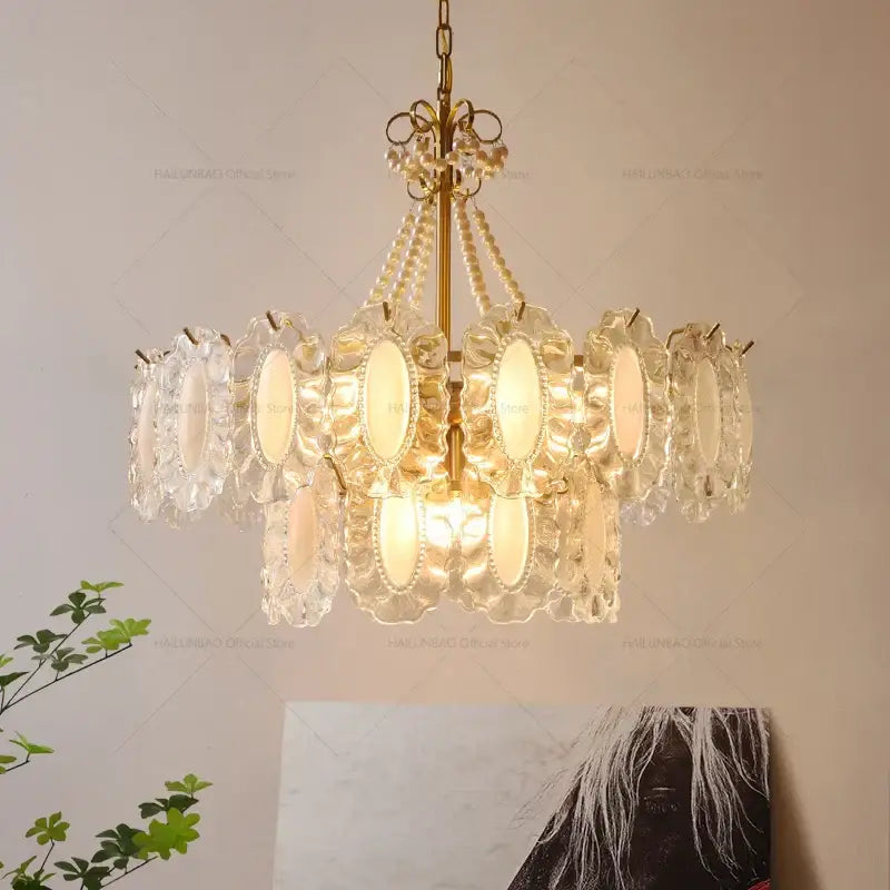 Gold Crystal Pearl Chandelier