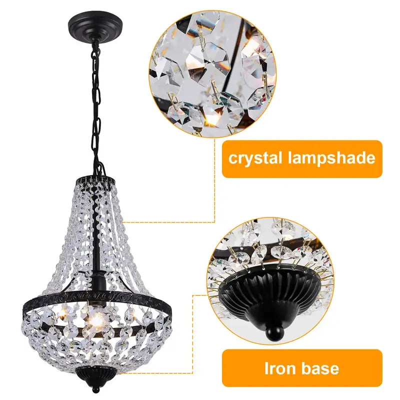 Black Crystal Dining Chandelier Wrought Iron Frame