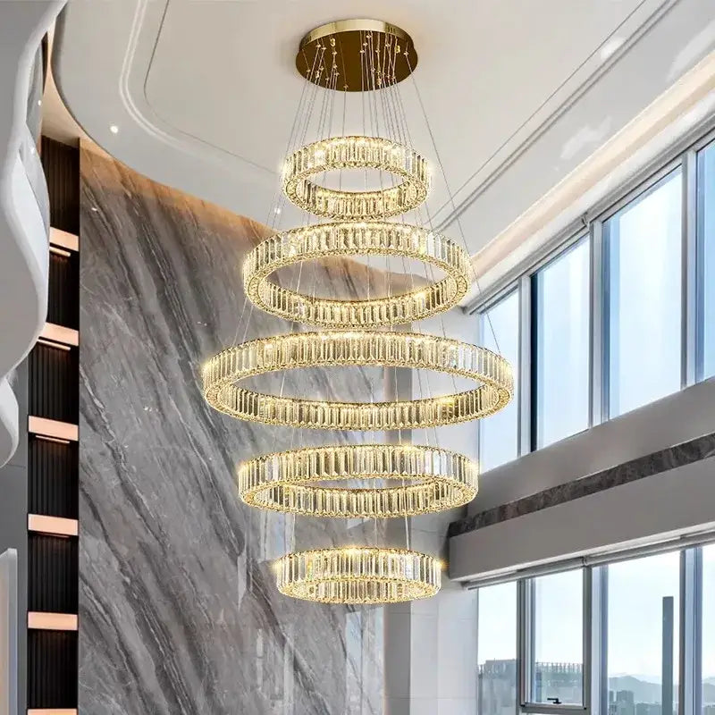 Gold Crystal Chandelier Light 5-Ring Spiral