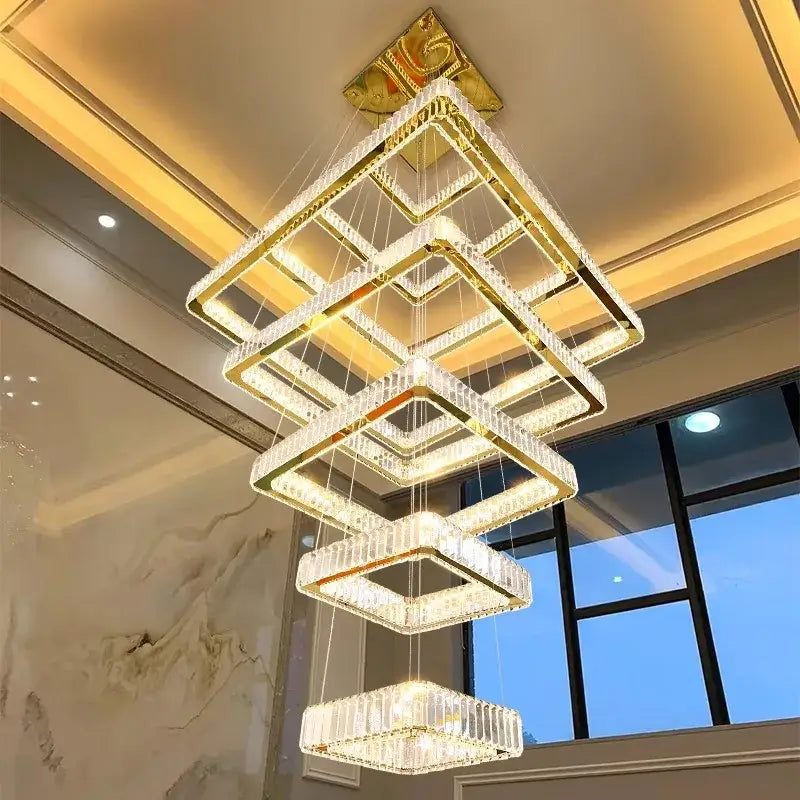 Gold Crystal Stair Chandelier Multi-Tiered 8-Ring