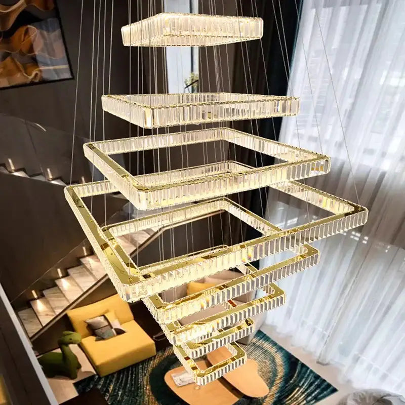 Gold Crystal Stair Chandelier Multi-Tiered 8-Ring
