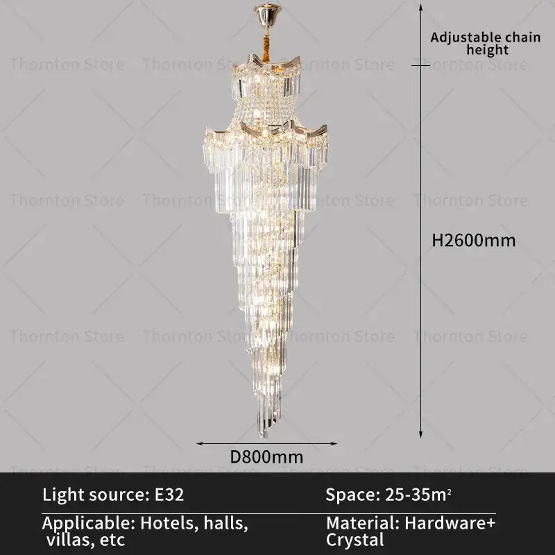 Gold Crystal Staircase Chandelier 260cm Cascade