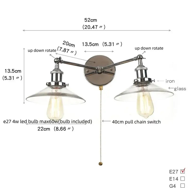Chrome Glass Wall Sconce Dual-Light Industrial