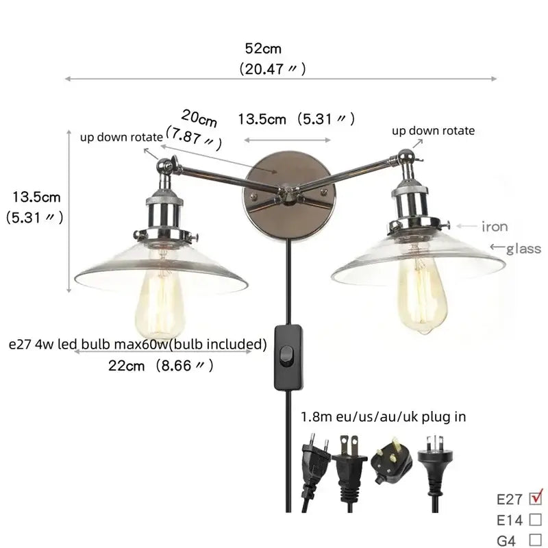 Chrome Glass Wall Sconce Dual-Light Industrial