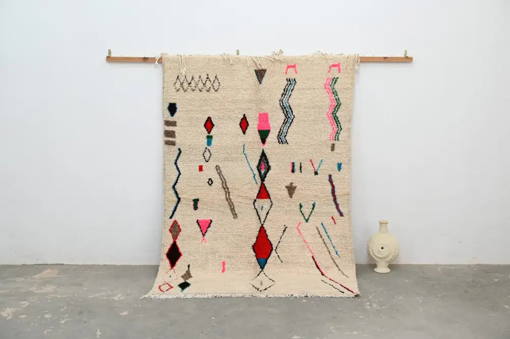 Beige Geometric Azilal Rug Natural Wool