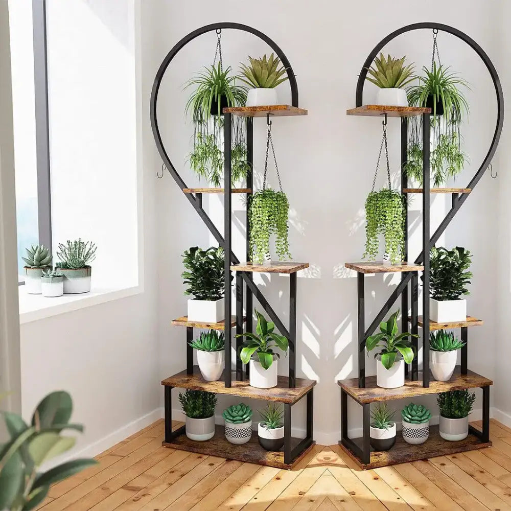Heart-Shaped Wood Metal Plant Stand with Lights