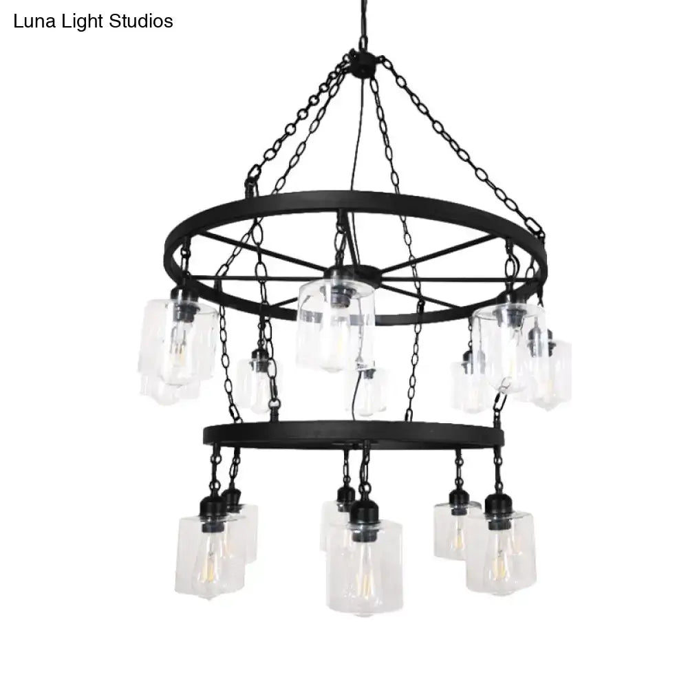 Black Glass Chandelier Two-Tier Industrial Design