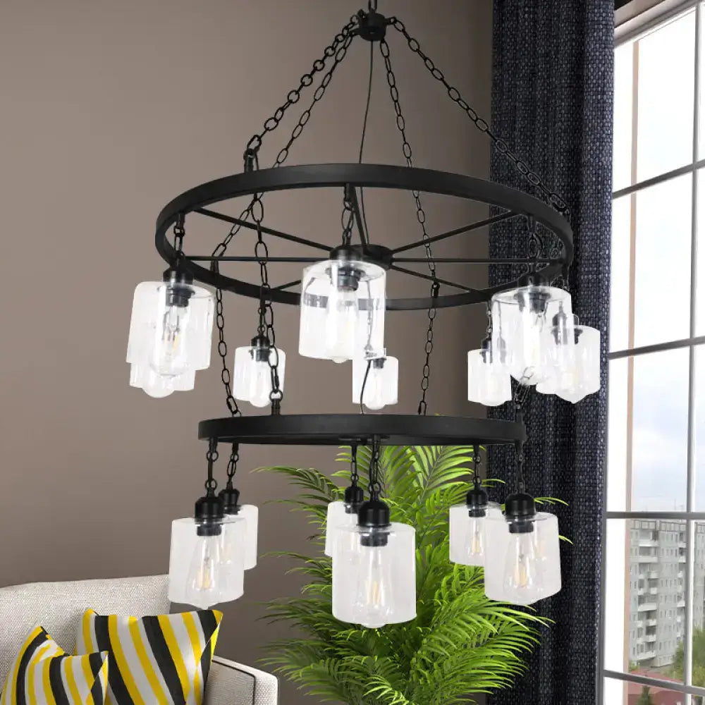 Black Glass Chandelier Two-Tier Industrial Design