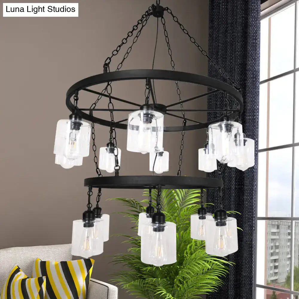 Black Glass Chandelier Two-Tier Industrial Design