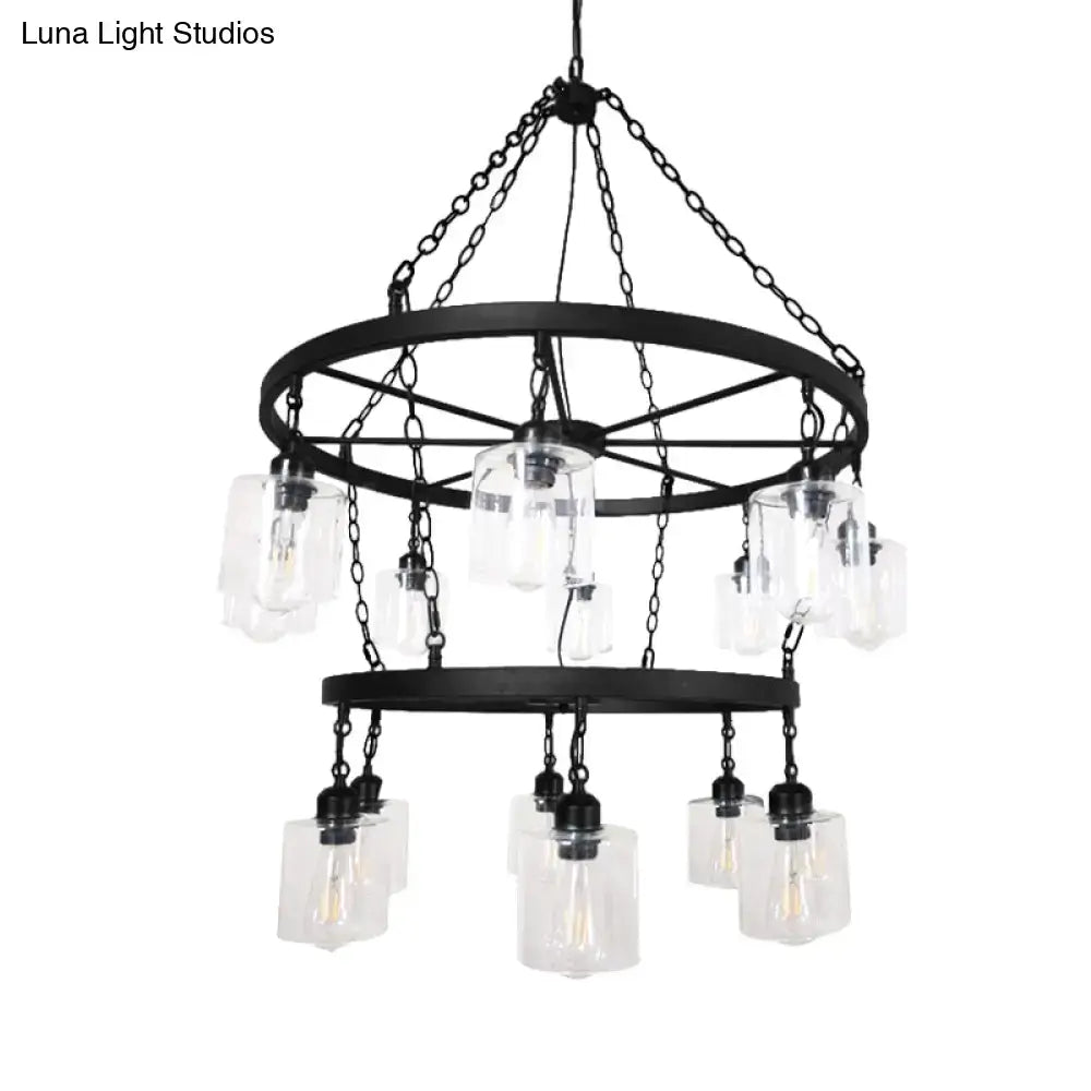 Black Glass Chandelier Two-Tier Industrial Design