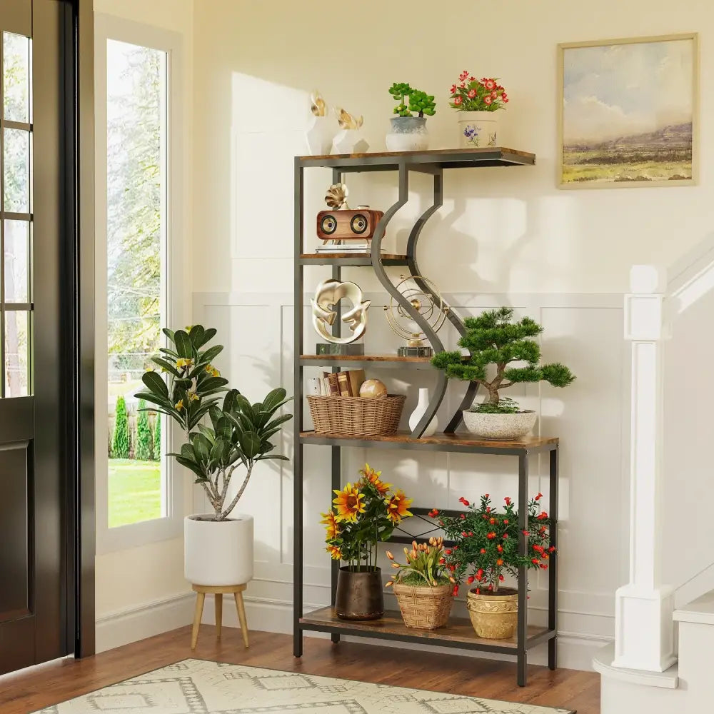 Industrial Black Wood Plant Stand Five-Tier