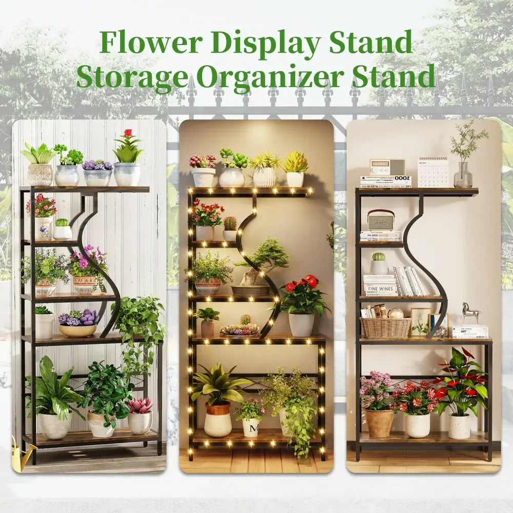 Industrial Black Wood Plant Stand Five-Tier
