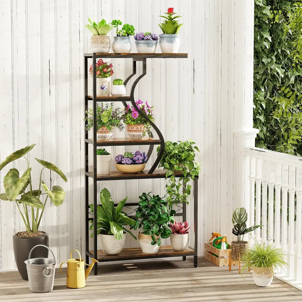 Industrial Black Wood Plant Stand Five-Tier