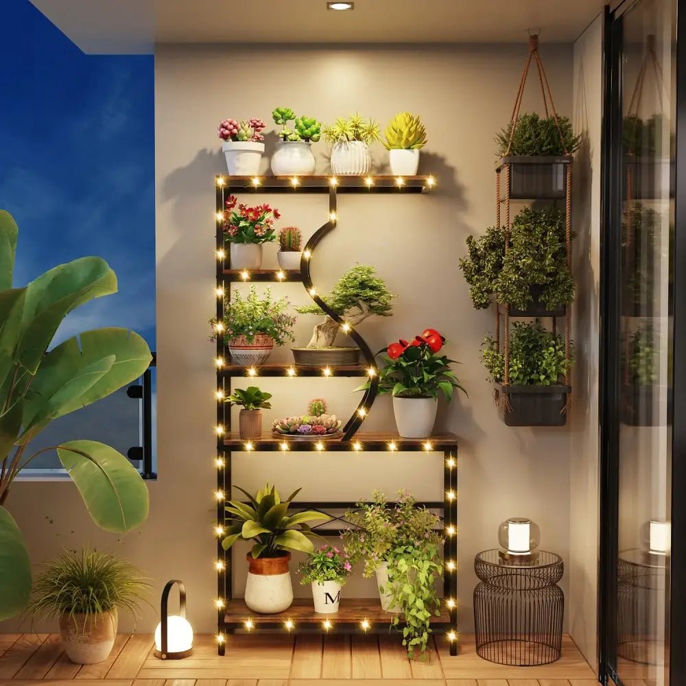 Industrial Black Wood Plant Stand Five-Tier