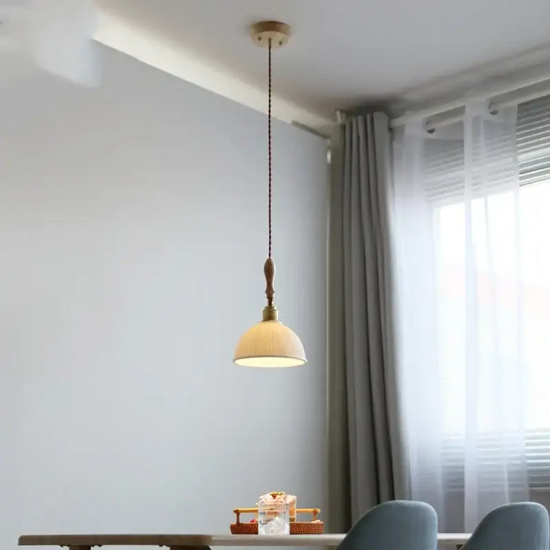 White Ceramic Ash Wood Japanese Pendant Light