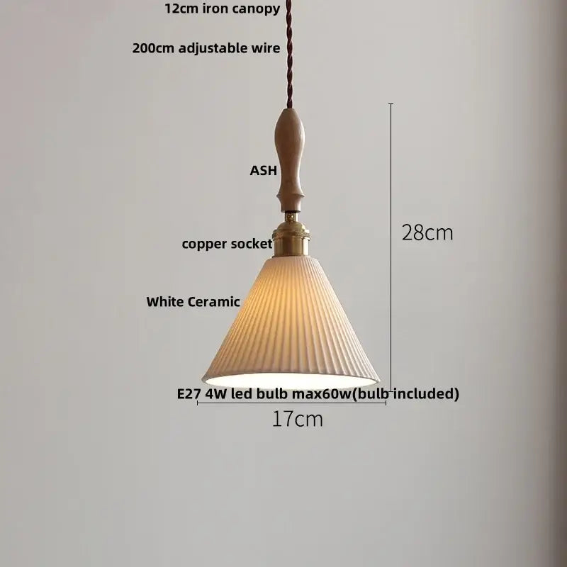 White Ceramic Ash Wood Japanese Pendant Light